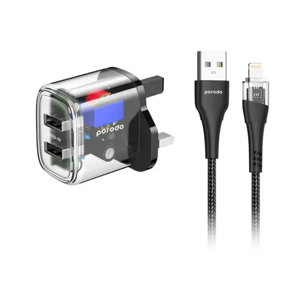 PORODO DUAL OUTPUT UK TRANSPARENT QUICK CHARGER | USB-C PD and USB-A QC